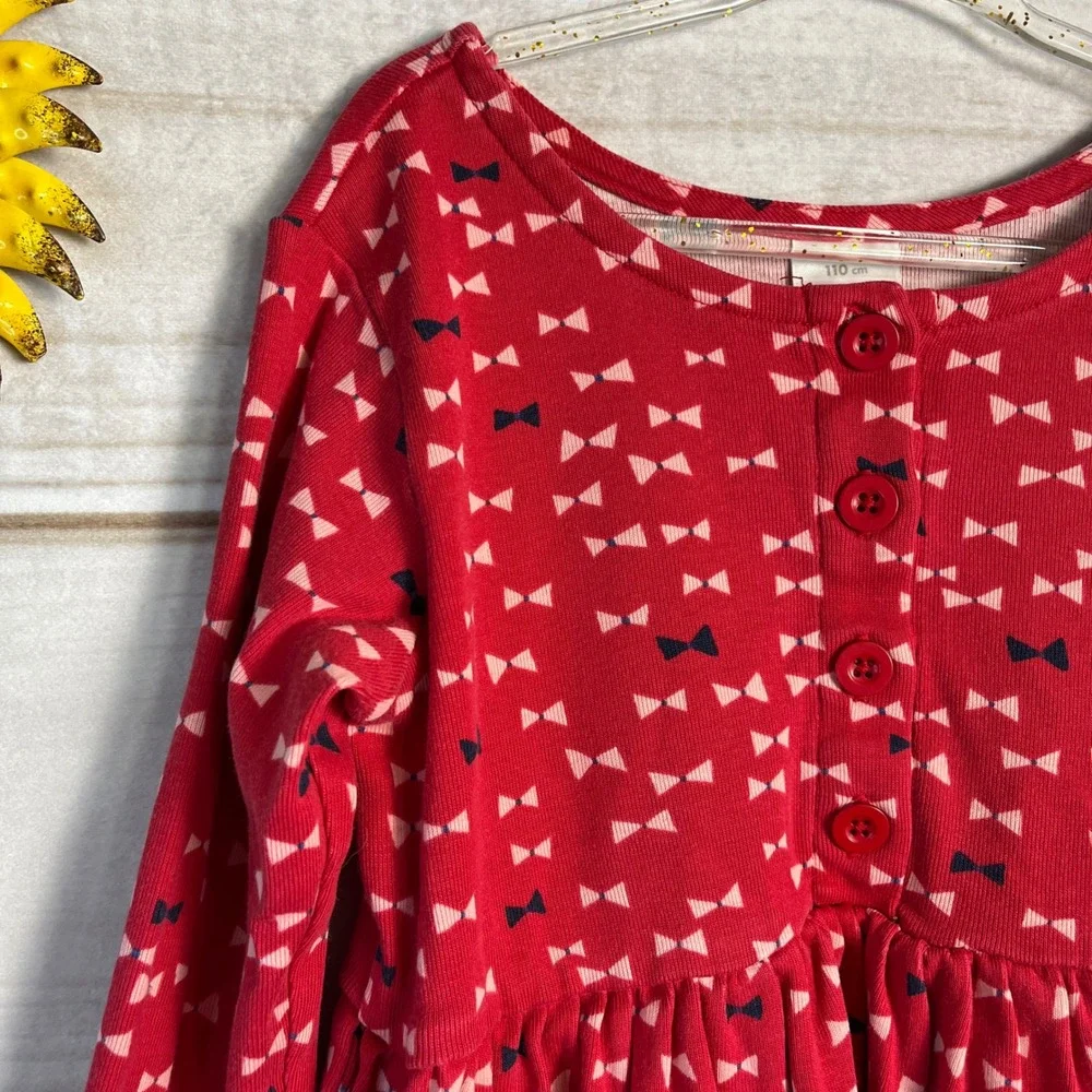Hanna Andersson Red Bow Print Long Sleeve Cotton Dress 110 5